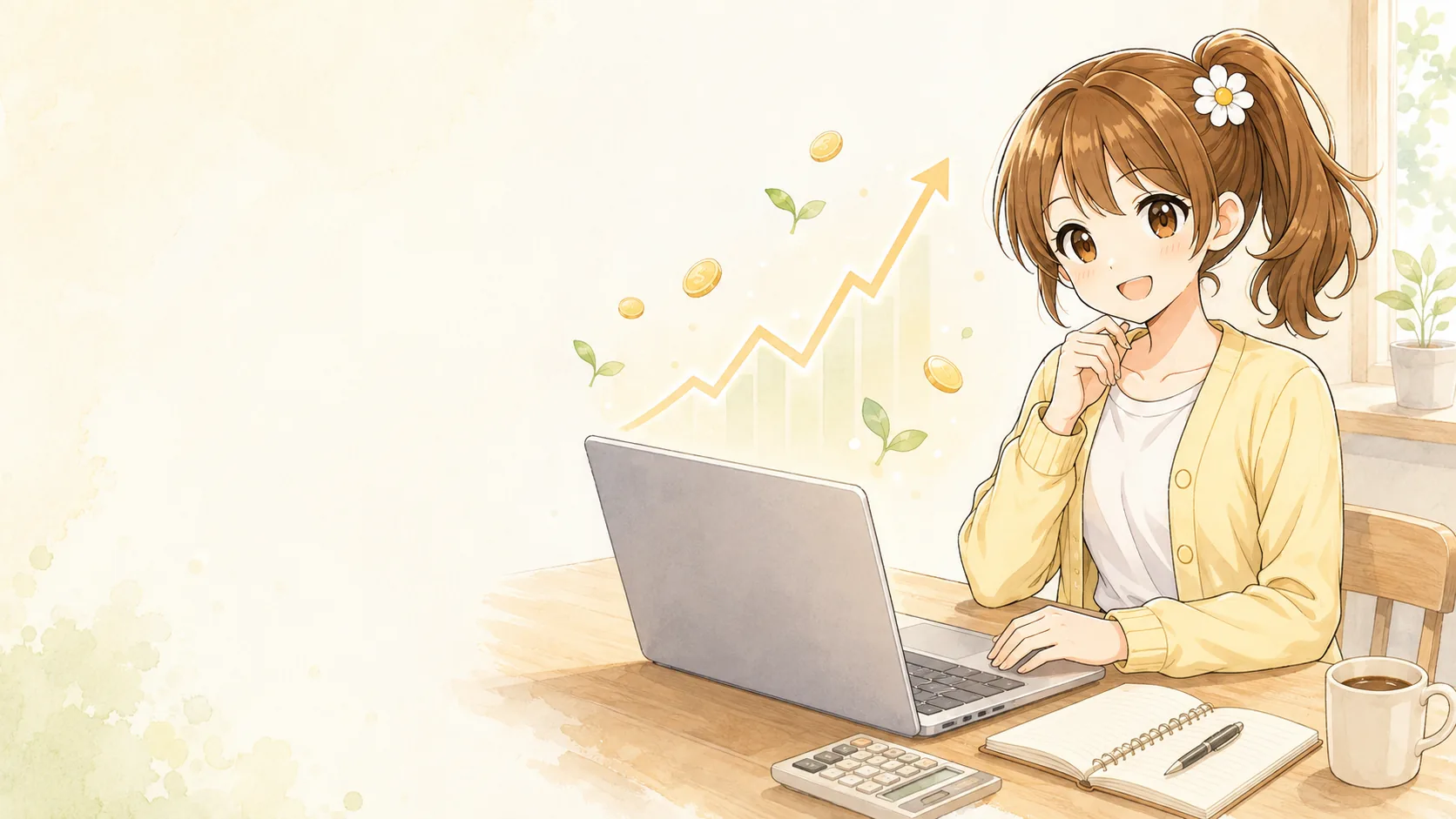ノートパソコンで積立投資のシミュレーションをする女性。画面の上に右肩上がりのグラフと芽の出たコインが浮かんでいる