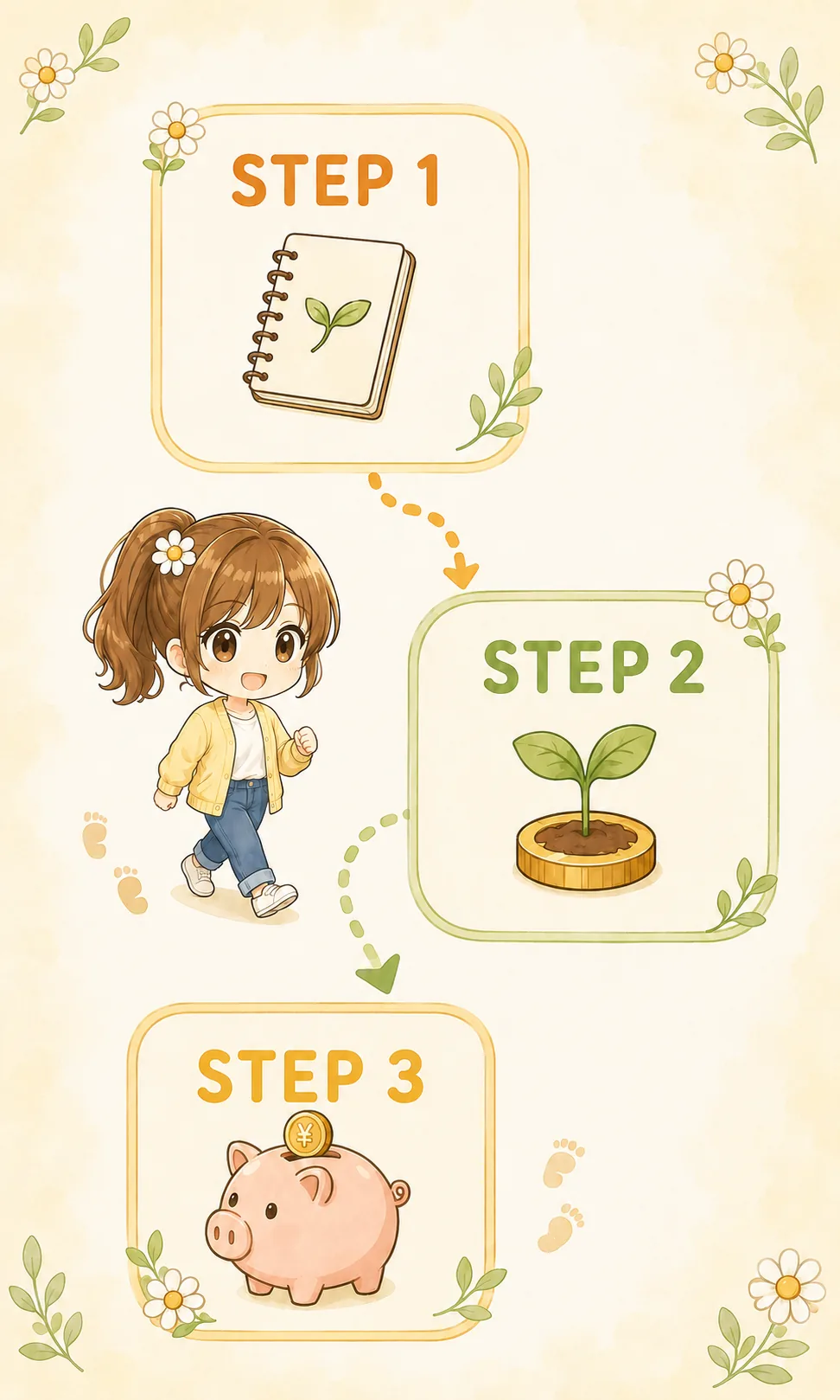 家計管理の3ステップの図解。STEP1がノート（家計を把握する）、STEP2が芽の出たコイン（投資を始める）、STEP3が貯金箱（生活防衛資金をつくる）で、女性が順に進んでいる
