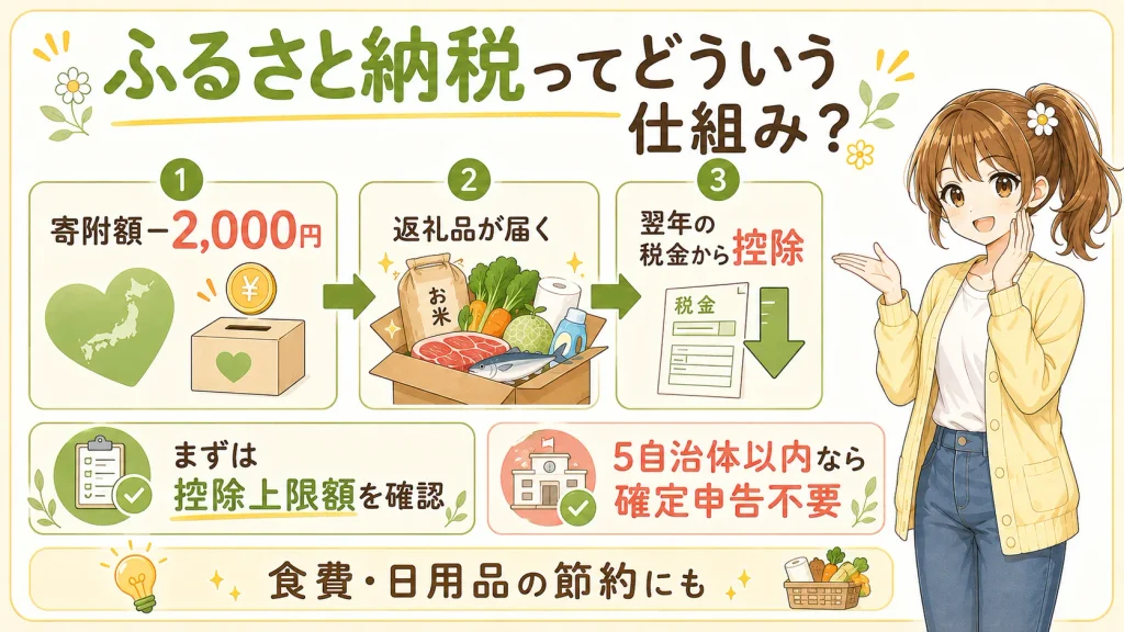 ふるさと納税の仕組みの図解。自治体に寄附すると返礼品が届き、2,000円を超えた分が翌年の住民税・所得税から控除される流れ