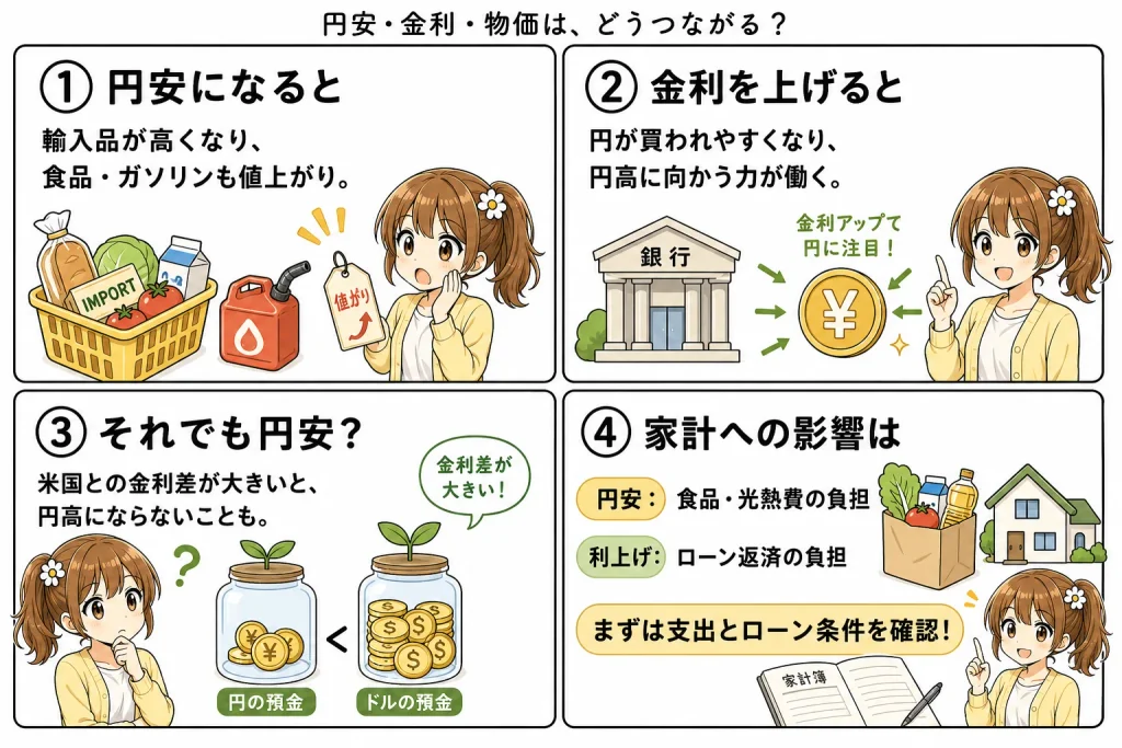 円安・利上げ・物価高のつながりを表したイラスト